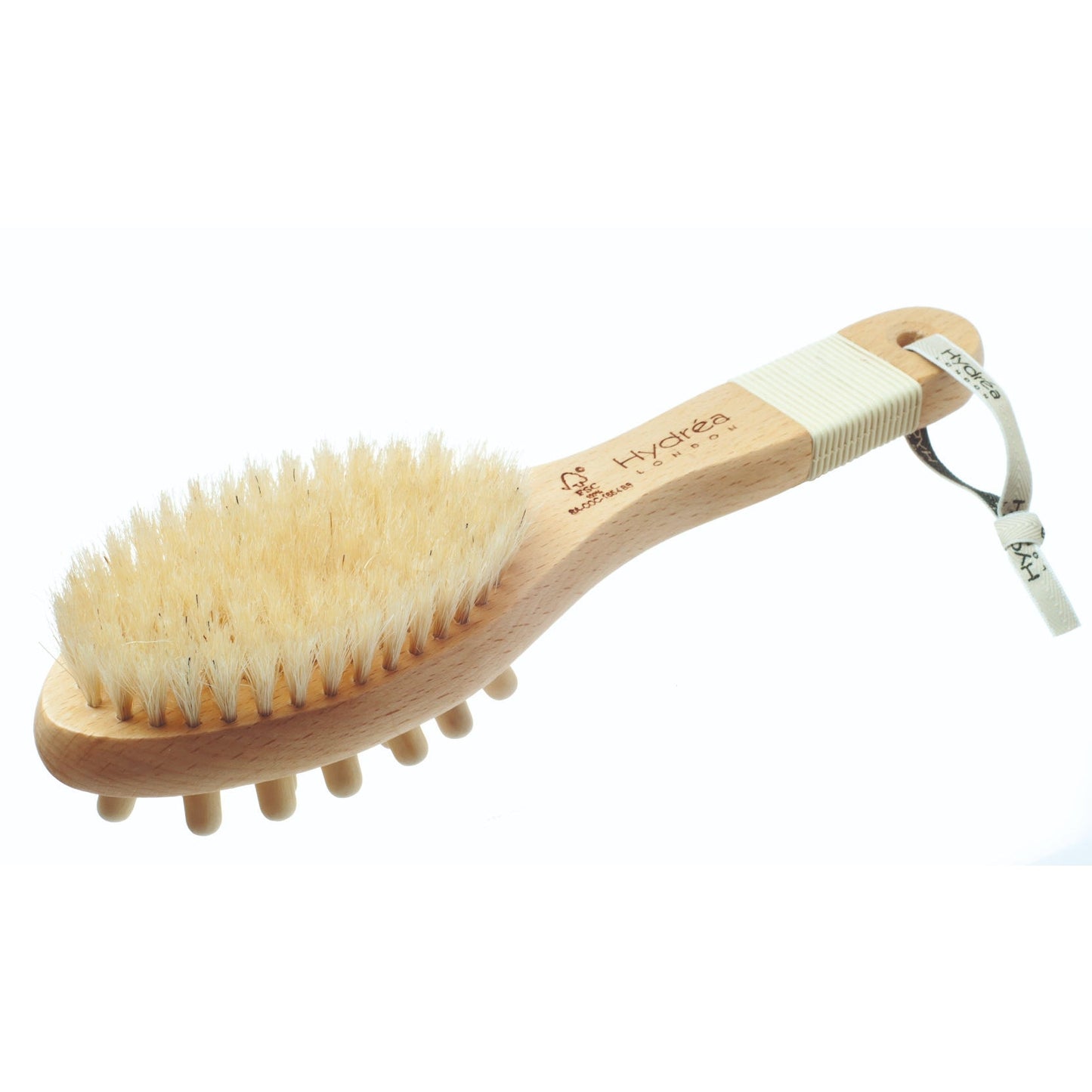Hydrea London - Natural Sea Sponge Combination Massage Brush with Wooden Nodules & Natural Bristles - Beechwood